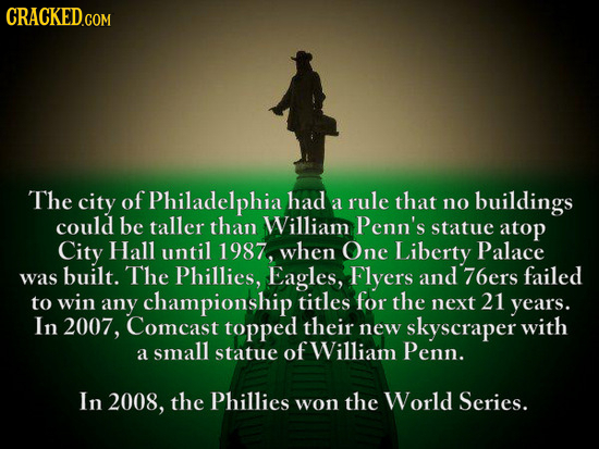 CRACKED.COM The city of Philadelphia had rule that a no buildings could be taller than William Penn's statue atop City Hall until 1987, when One Liber