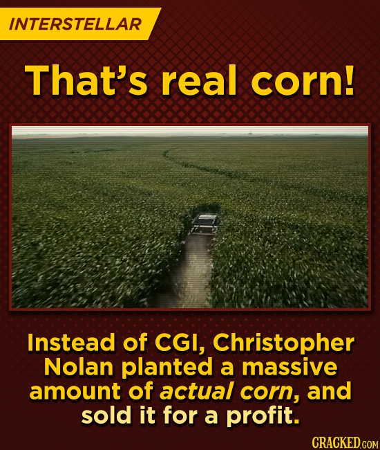 INTERSTELLAR That's real corn! Instead of CGI, Christopher Nolan planted a massive amount of actual corn, and sold it for a profit.