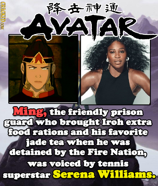 CRACKEDOON F VATAR Ming, the friendly prison guard who brought Iroh extra food rations and his favorite jade tea when he was detained by the Fire Nation, was voiced by tennis superstar Serena Williams.