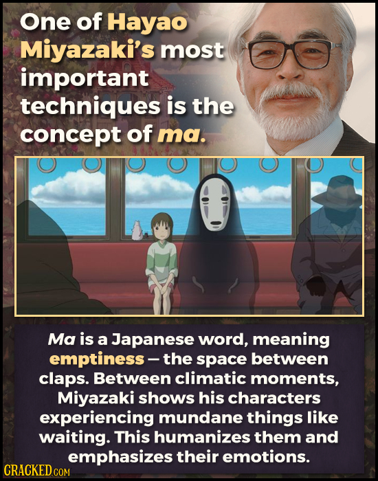 One of Hayao Miyazaki's most important techniques is the concept of ma. Ma is a Japanese word, meaning emptiness- the space between claps. Between cli