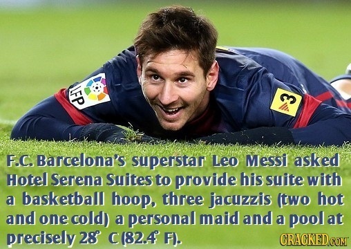 LFP E F.C. Barcelona's superstar Leo Messi asked Hotel Serena Suites to provide his suite with a basketball hoop, three jacuzzis (two hot and one cold