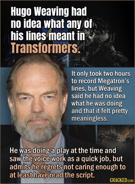 Hugo Weaving had no idea what any of his lines meant in Transformers. It only took two hours to record Megatron's lines, but Weaving said he had no id