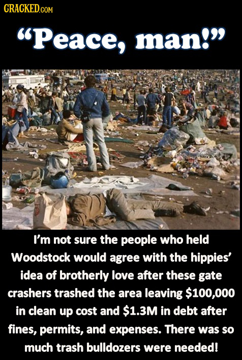 Peace, man! I'm not sure the people who held Woodstock would agree with the hippies' idea of brotherly love after these gate crashers trashed the ar