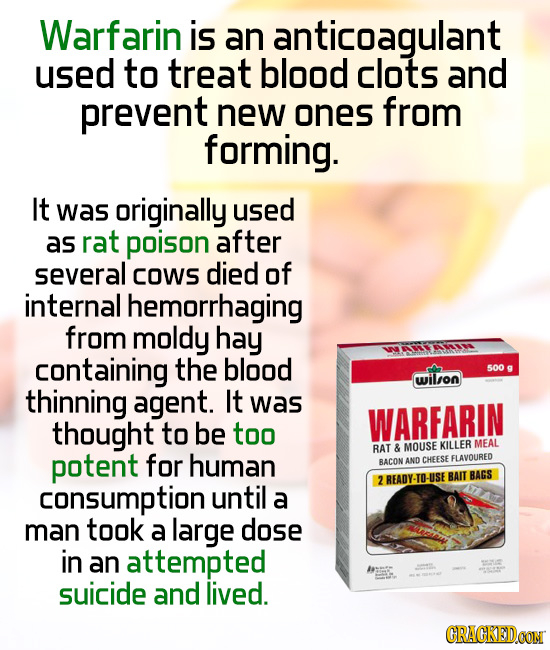 Warfarin is an anticoagulant used to treat blood clots and prevent new ones from forming. It was originally used as rat poison after several coWs died