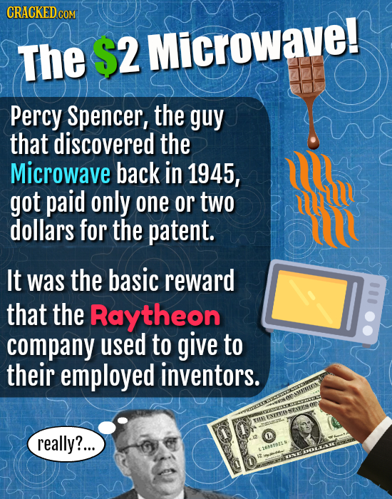 The $2 Microwave! Percy Spencer, the guy that discovered the Microwave back in 1945, got paid only one or two ID dollars for the patent. It was the ba