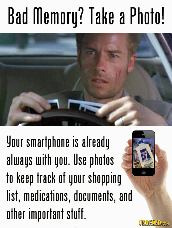 Bad Memory? Take a Photo! Your smartphone is already always with you. Use photos to keep track of your shopping list, medications, documents, and othe