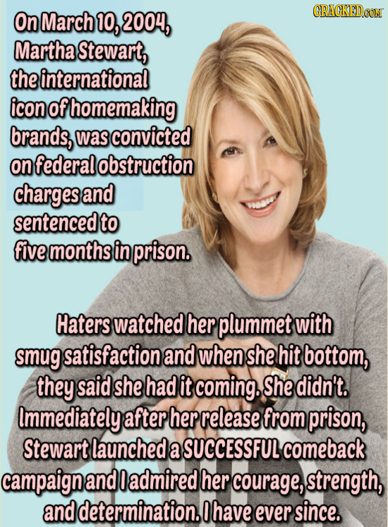 On March 10, 2004, CRACKED COM Martha Stewart, the international icon of fhomemaking brands, was convicted on federal obstruction charges and sentence