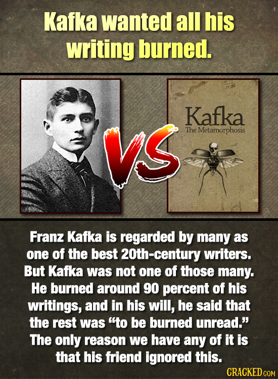 Kafka wanted all his writing burned. Kafka VS The Metamorphosis Franz Kafka is regarded by many as one of the best 20th-century writers. But Kafka was