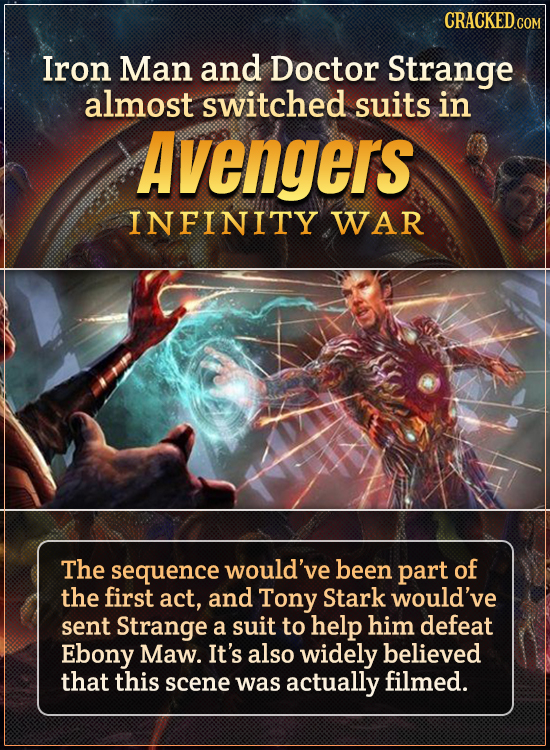 CRACKEDCON Iron Man and Doctor Strange almost switched suits in Avengers INFINITY WAR The sequence would've been part of the first act, and Tony Stark