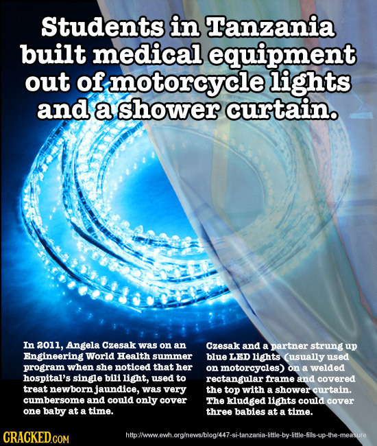 Students in Tanzania built medical equipment out of motorcycle lights and a shower curtain. In 2011, Angela Czesak was on an Czesak and a partner stru