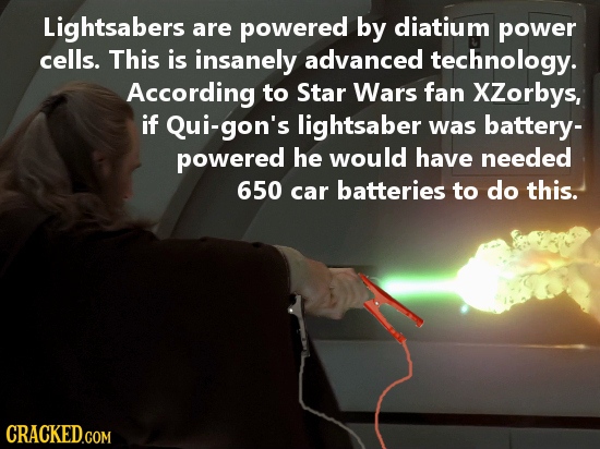 Lightsabers are powered by diatium power cells. This is insanely advanced technology. According to Star Wars fan XZorbys, if Qui-gon's lightsaber was