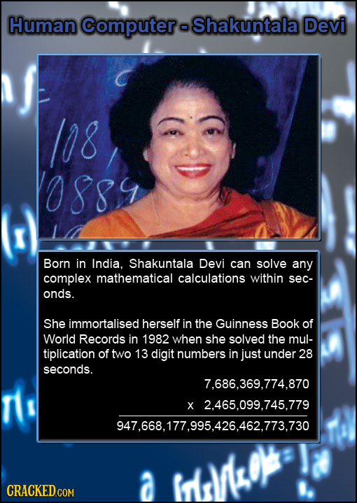 Human Computera Shakuntala Devi /08 088 Born in India, Shakuntala Devi can solve any complex mathematical calculations within sec- onds. She immortali