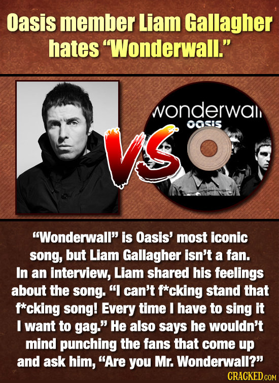 Oasis member Liam Gallagher hates Wonderwall. wonderwal VSO OOSiS Wonderwall is Oasis' most iconic song, but Liam Gallagher isn't a fan. In an int