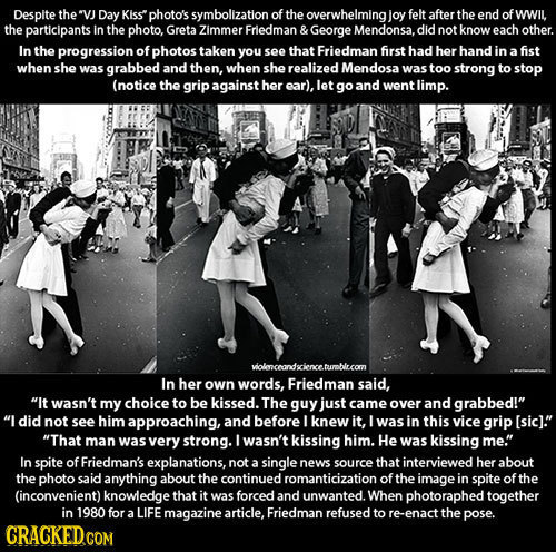 Despite theV Day Kiss photo's symbolization of the overwhelming joy felt afterthe end of WWIL, the participants In the photo, Greta Zimmer Friedman