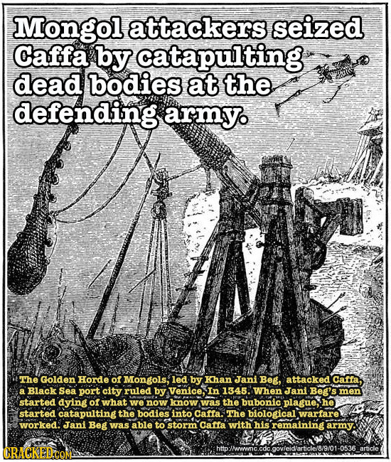 Mongol attackers seized Caffa by catapulting dead bodies at the defending armyo The Golden Horde of Mongols, led by Khan Jani Beg, attacked Caffa. a B