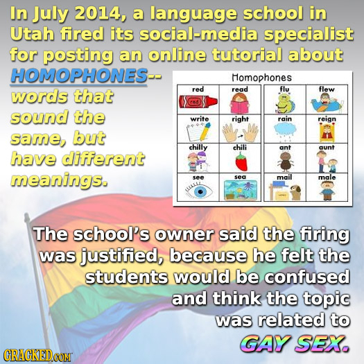 In July 2014, a language school in Utah fired its social-media specialist for posting an online tutorial about HOMOPHONES-- Homophones words that red 