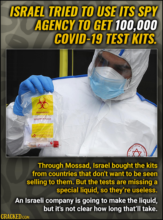 ISRAEL TRIED TO USE ITS SPY AGENCY TO GET 100, 000 COVID-19 TEST KITS. BIOHAZARO SPECIMEN RAGS Through Mossad, Israel bought the kits from countries t