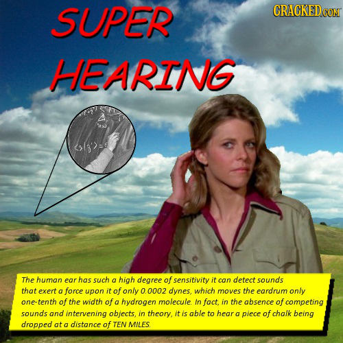 SUPER CRACKEDcO HEARING The human ear has such a high degree of sensitivity it can detect sounds that exert a force upon it of only 0.0002 dynes, whic