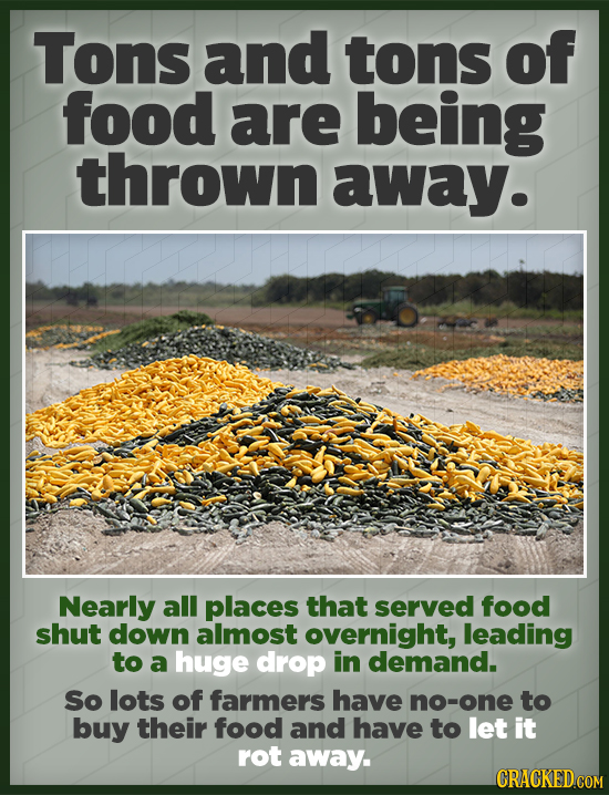 Tons and tons of food are being thrown away. Nearly all places that served food shut down almost overnight, leading to a huge drop in demand. So lots