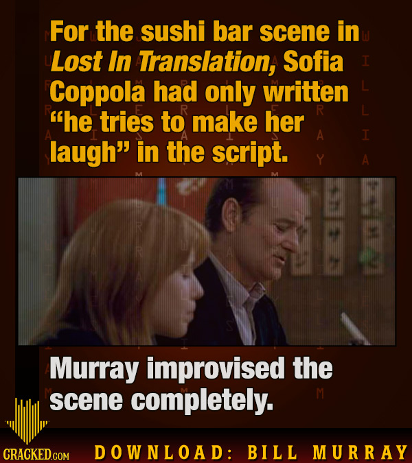 For the sushi bar scene in Lost In Translation, Sofia I Coppola had only written he tries to make her R A I laugh in the script. A Murray improvised