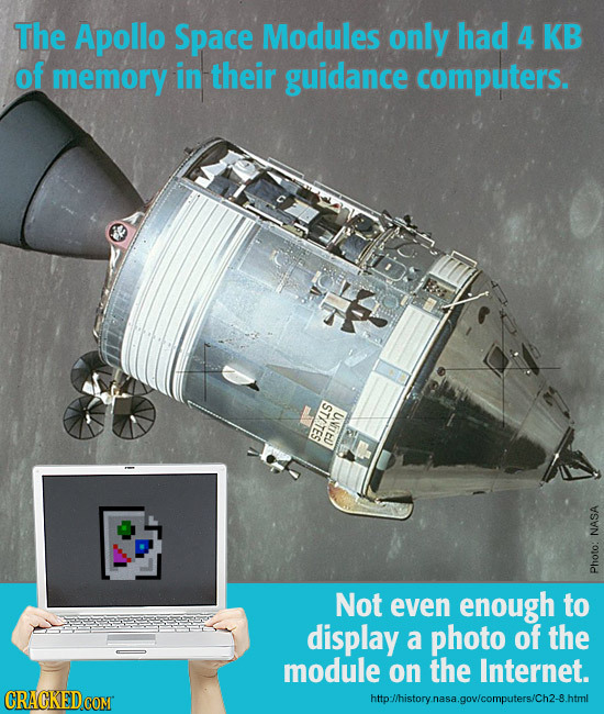 The Apollo Space Modules only had 4 KB of memory in their guidance computers. TH STITES U.NNEU NASA Photo: Not even enough to display a photo of the m