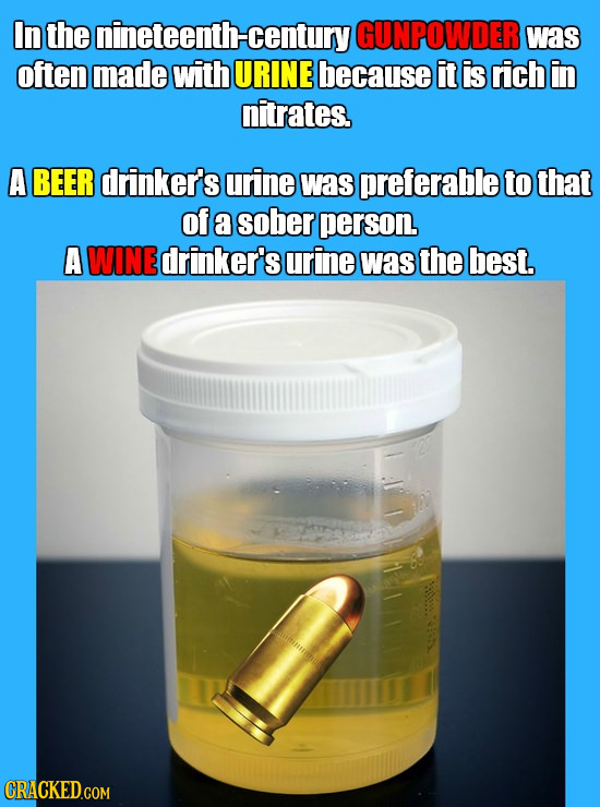 In the nineteenth- century GUNPOWDER was often made with URINE because it is rich in nitrates, A BEER drinker's urine was preferable to that of a sobe