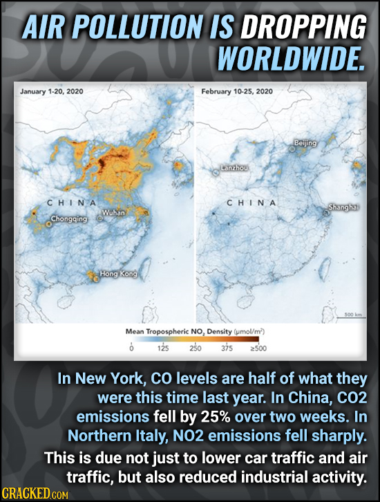 AIR POLLUTION IS DROPPING WORLDWIDE. January 1-20. 2020 February 10-25, 2020 Beuing Lanzhou C HINA CHINA Shangha Wuhan Chonggung Hong Kong Mean Tropos