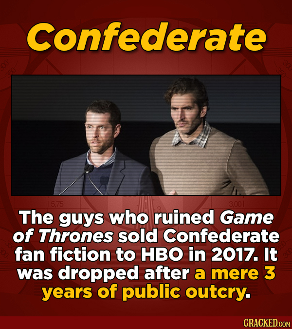 Confederate 5.75 3.001 The guys who ruined Game of Thrones sold Confederate fan fiction to HBO in 2017. It was dropped after a mere 3 years of public