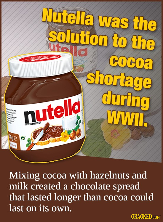 Nutella was the solution to the utala cocoa shortage during t ervt nutella WWil. PERRERO ige Mixing cocoa with hazelnuts and milk created a chocolate
