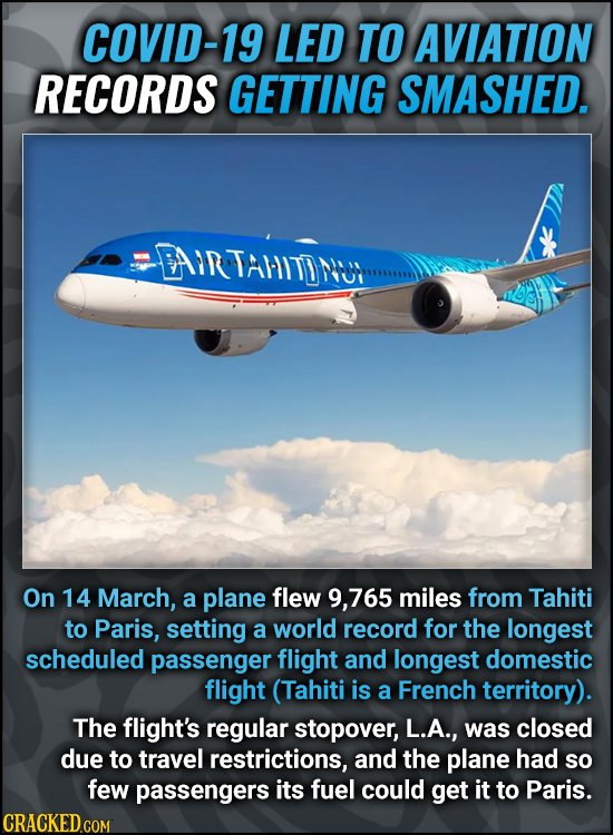 COVID-19 LED TO AVIATION RECORDS GETTING SMASHED. LAIRTAHITN On 14 March, a plane flew 9,765 miles from Tahiti to Paris, setting a world record for th
