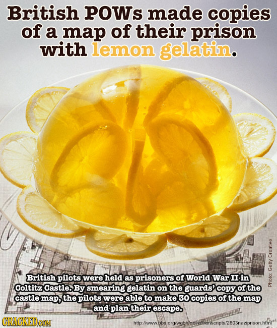 British POWs made copies of a map of their prison with lemon gelatin. Creative British pilots were held as prisoners of World war II in Getty Coltitz