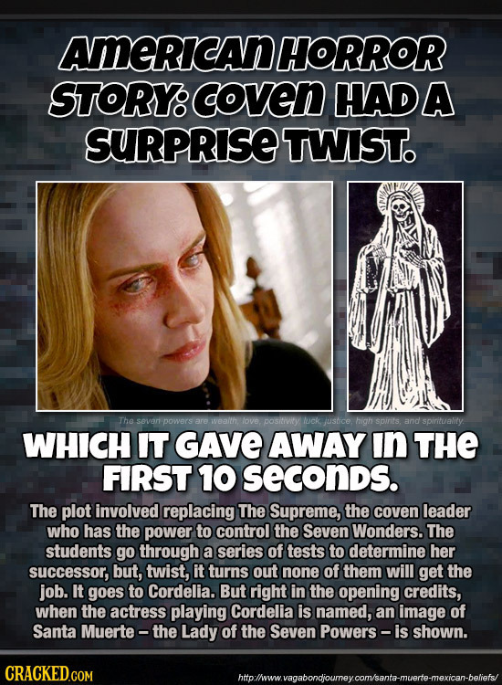 AMERICANHORROR STORY Ccoven HADA SURPRISE TWIST. The sever powers are wealth love positivity luck. ustice high soirits. and spirituality WHICH IT GAVE