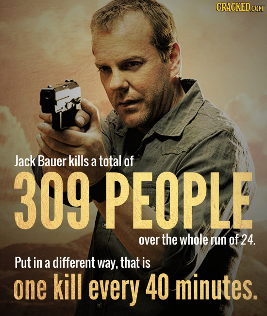CRACKED COM Jack Bauer kills a total of 309 PEOPLE over the whole run of 24. Put in a different way, that is one kill every 40 minutes.