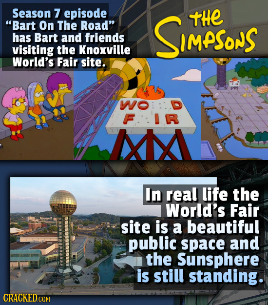 Season 7 episode THE Bart On The Road SIMeSonS has Bart and friends visiting the Knoxville World's Fair site. WO F.:R MIM In real life the World's F