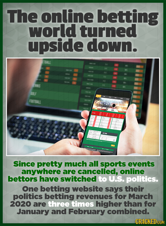 The online betting world turned upside down. TAU EMNS DIU FOOTAAU 39998 000000 mnod Since pretty much all sports events anywhere are cancelled, online