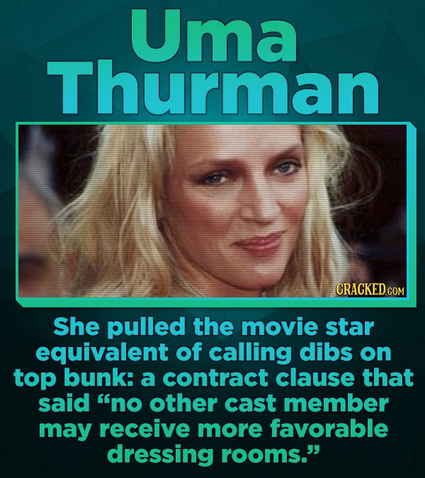Uma Thurman CRACKED CO COM She pulled the movie star equivalent of calling dibs on top bunk: a contract clause that said no other cast member may rec