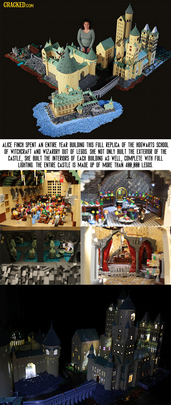 ALICE FINCH SPENT AN ENTIRE YEAR BUILDING THIS FULL REPLICA OF THE HOGWARTS SCHOOL OF WITCHCRAFT AND WIZARDRY OUT OF LEGOS. SHE NOT ONLY BUILT THE EXT