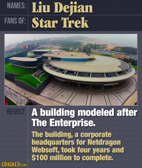 NAMES: Liu Dejian FANS OF: Star Trek RESULT: A building modeled after The Enterprise. The building, a corporate headquarters for Netdragon Websoft, to