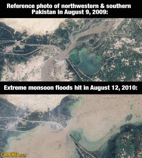 Reference photo of northwestern & southern Pakistan in August 9, 2009: tinds River Kashmor Extreme monsoon floods hit in August 12, 2010: Indus River 
