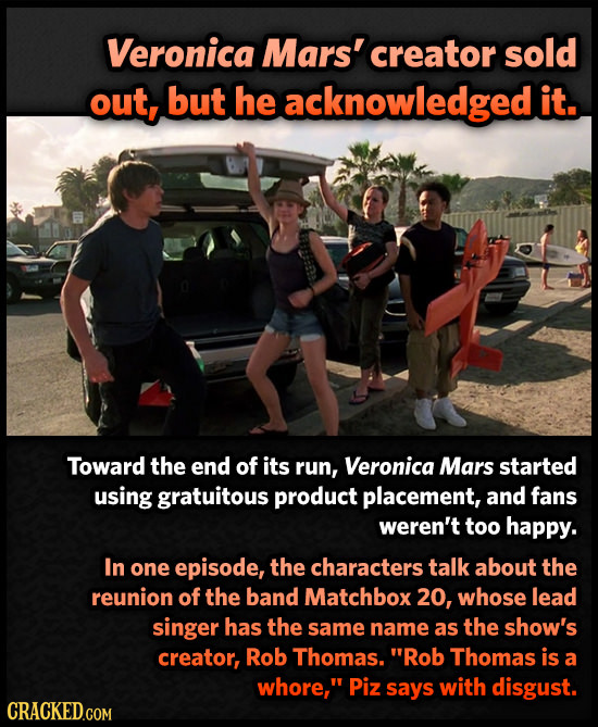 Veronica Mars' creator sold out, but he acknowledgedi it. Toward the end of its run, Veronica Mars started using gratuitous product placement, and fan