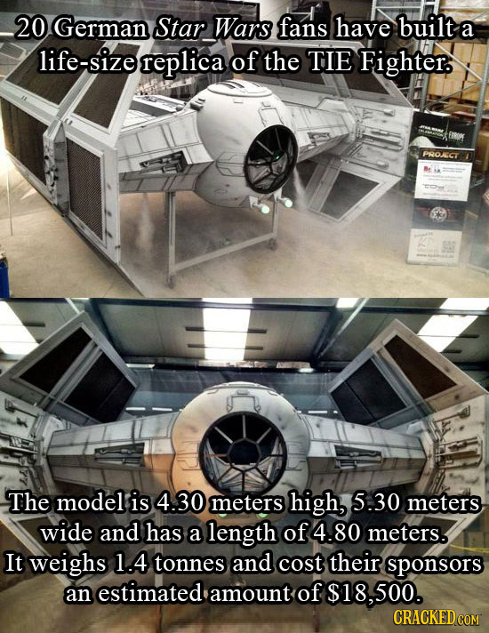20 German Star Wars fans have built a life-size replica of the TIE Fighter. PROECT The model is 4.30 meters high, 5.30 meters wide and has a length of