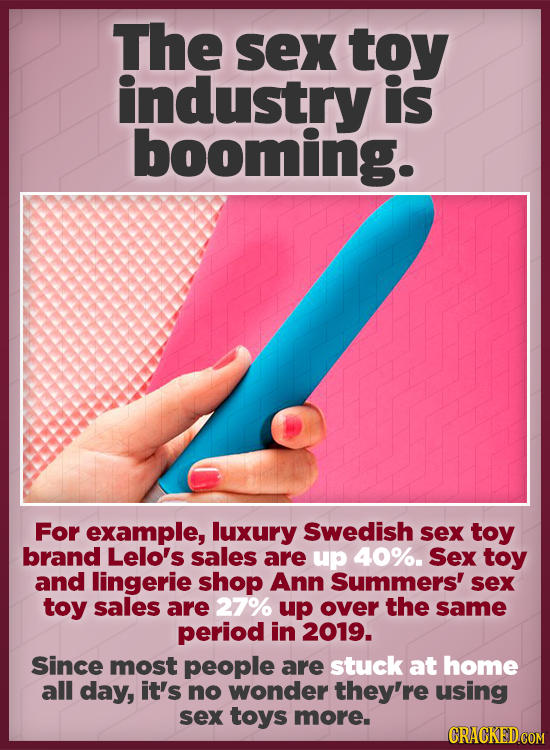 The sex toy industry is booming. For example, luxury Swedish sex toy brand Lelo's sales are up 40%. Sex toy and lingerie shop Ann Summers' sex toy sal