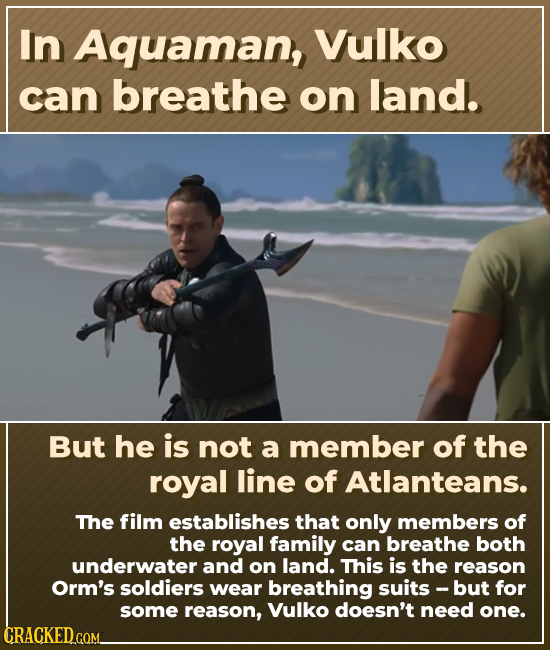 In Aquaman, Vulko can breathe on land. But he is not a member of the royal line of Atlanteans. The film establishes that only members of the royal fam