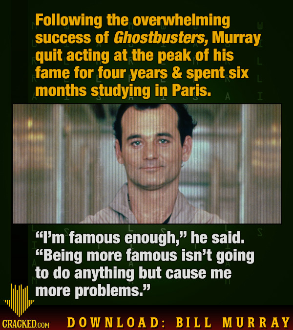 Following the overwhelming success of Ghostbusters, Murray quit acting at the peak of his fame for four years & spent six months studying in Paris. A