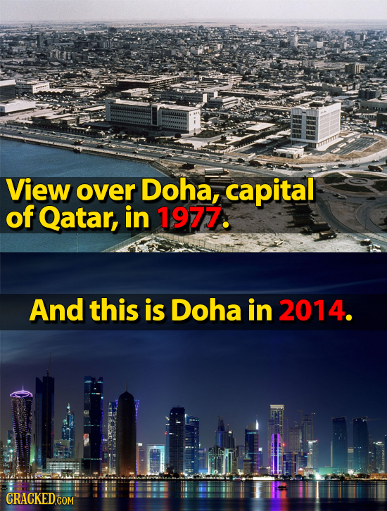 View over Doha, capital of Qatar, in 1977. And this is Doha in 2014. 