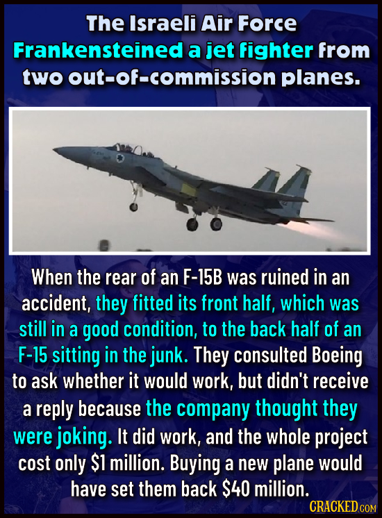 The Israeli Air Force Frankensteined a jet fighter from two out-of-commission planes. When the rear of an F-15B was ruined in an accident, they fitted