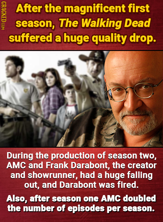 After the magnificent first season, The Walking Dead suffered a huge quality drop. During the production of season two, AMC and Frank Darabont, the cr