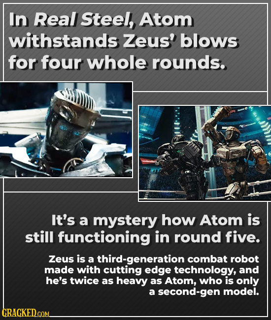 In Real Steel, Atom withstands Zeus' blows for four whole rounds. It's a mystery how Atom is still functioning in round five. Zeus is a third-generati