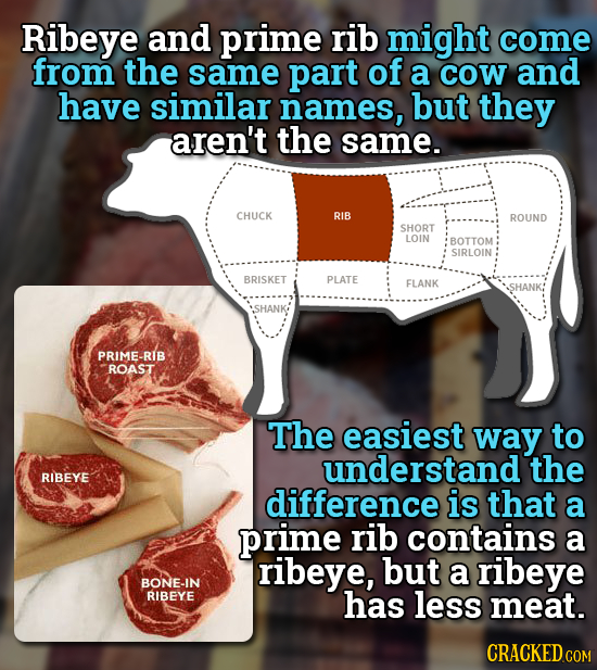 Ribeye and prime rib might come from the same part of a COW and have similar names, but they aren't the same. CHUCK RIB ROUND SHORT LOIN BOTTOM SIRLOI