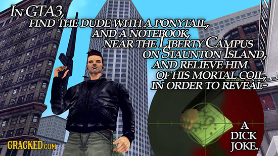 In GTA3, FIND THE DUDE WITH A PONYTAIL, AND A NOTEBOOK, NEAR THE LIBERTOY CAMPUS ON STAUNTON ISLAND. AND RELIEVE HIM OF HIS MORTAL COIL, IN ORDER TO R